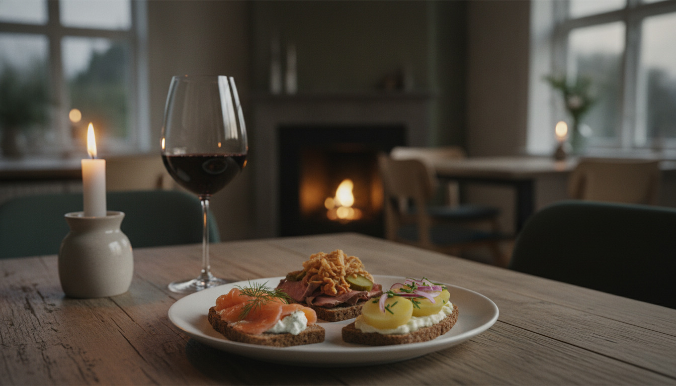 Glas rødvin og lysestage ved plet med dansk smørrebrød på træbord i varmt lys.