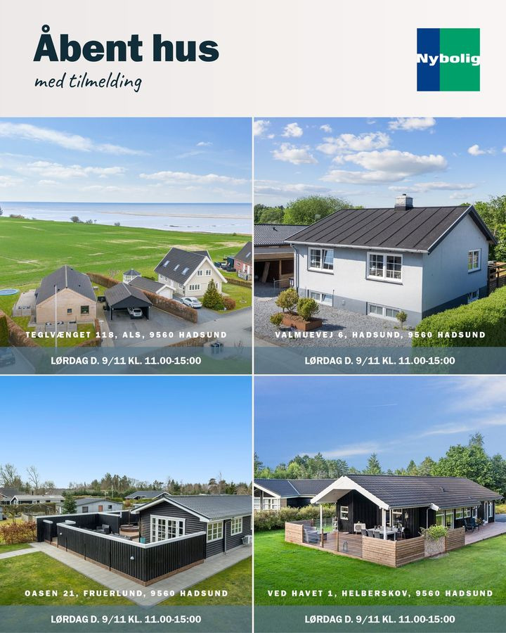 Nybolig Hadsund inviterer til åbent hus med tilmelding i fire skønne boliger