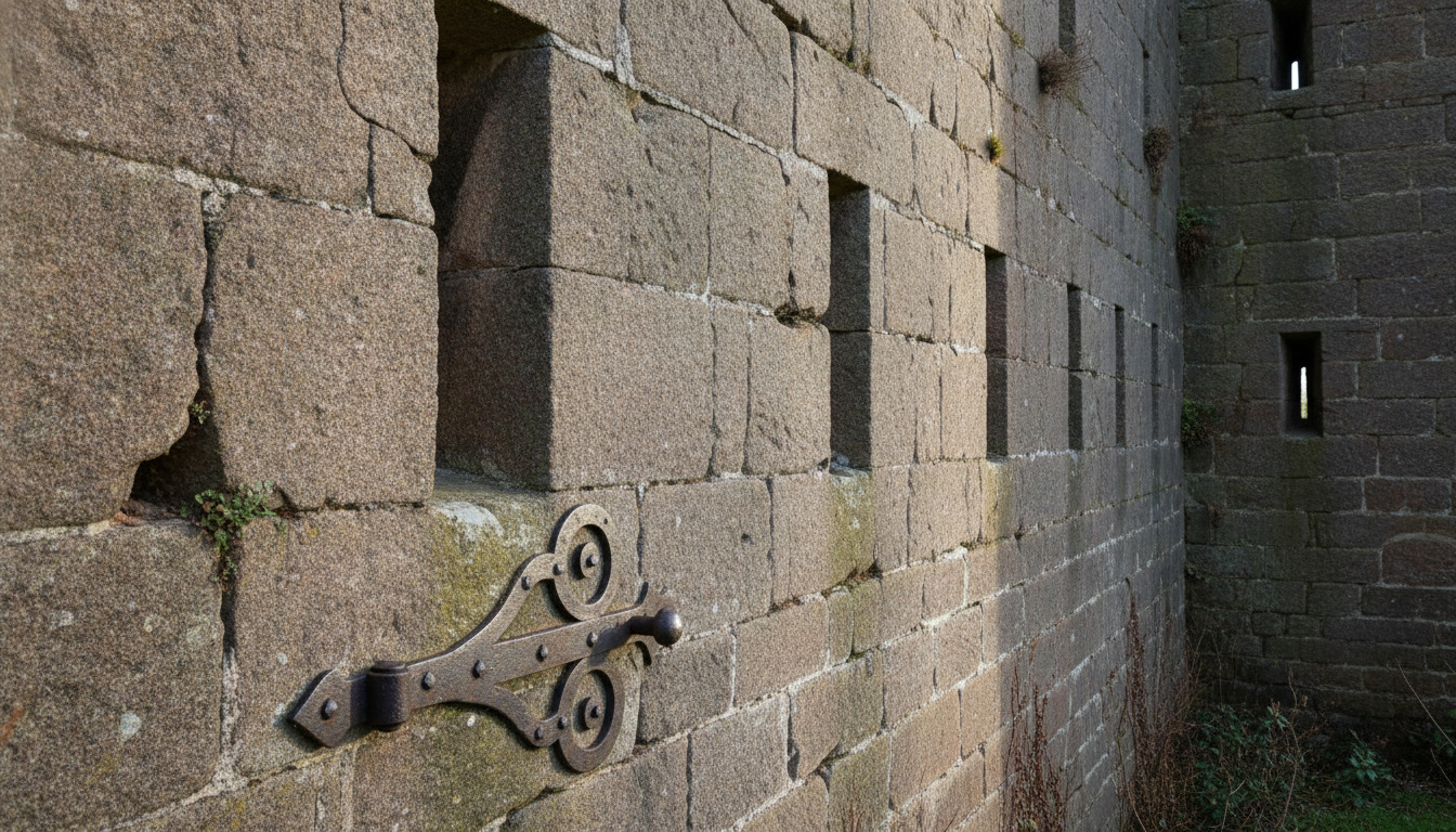 Detaljeret closeup af gammelt jernbeslag på tilsløret stenmur med medievalsk præg.