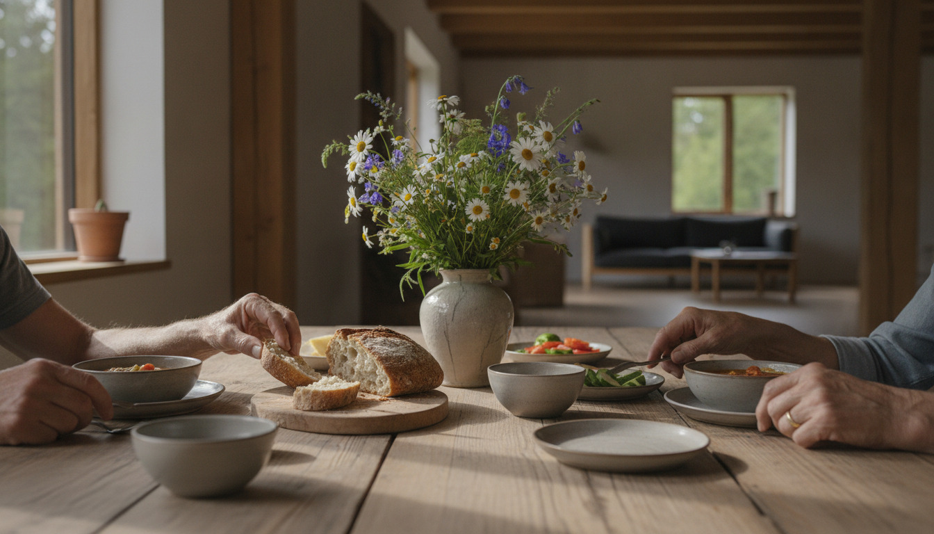 Ældre menneskers hænder omkring et træbord med simple keramikskåle, brød og blomster i en vase – symbol på fællesskab og samvær.