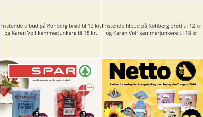 Fristende tilbud på Kohberg brød til 12 kr. og Karen Volf kammerjunkere til 18 kr.