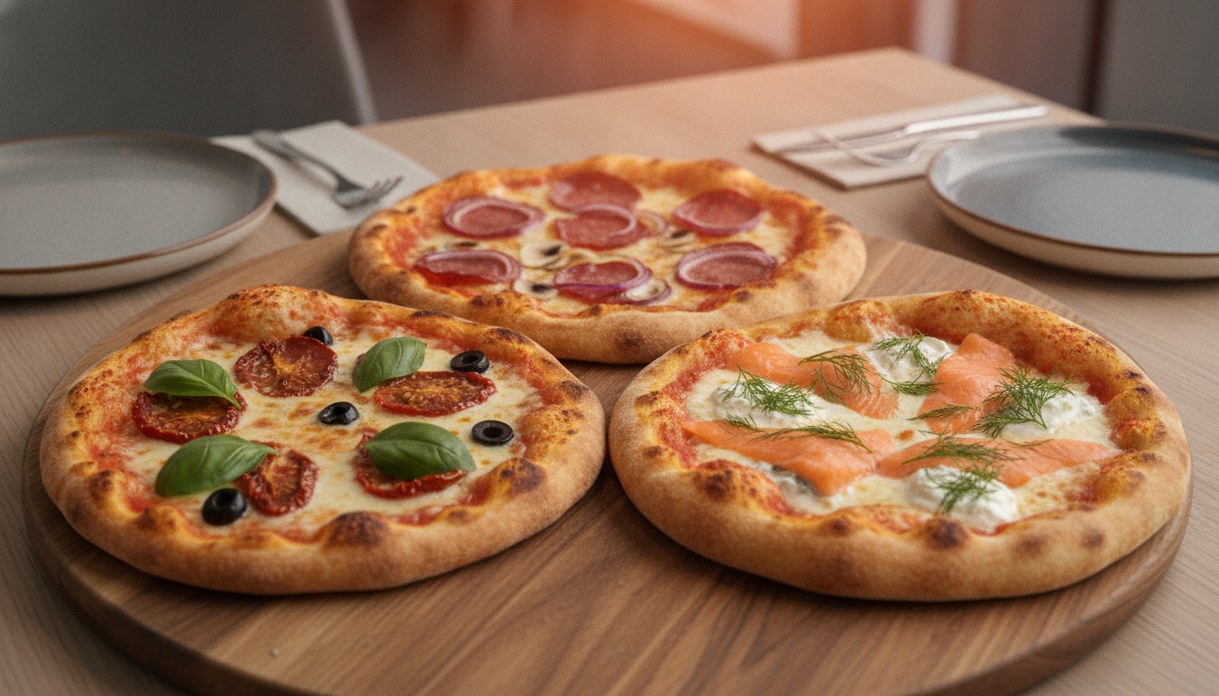 Tre friskbagede pizzaer med forskellige toppinger på træbræt — en med pepperoni, en med basilikum og skinke, en med laks og dild.