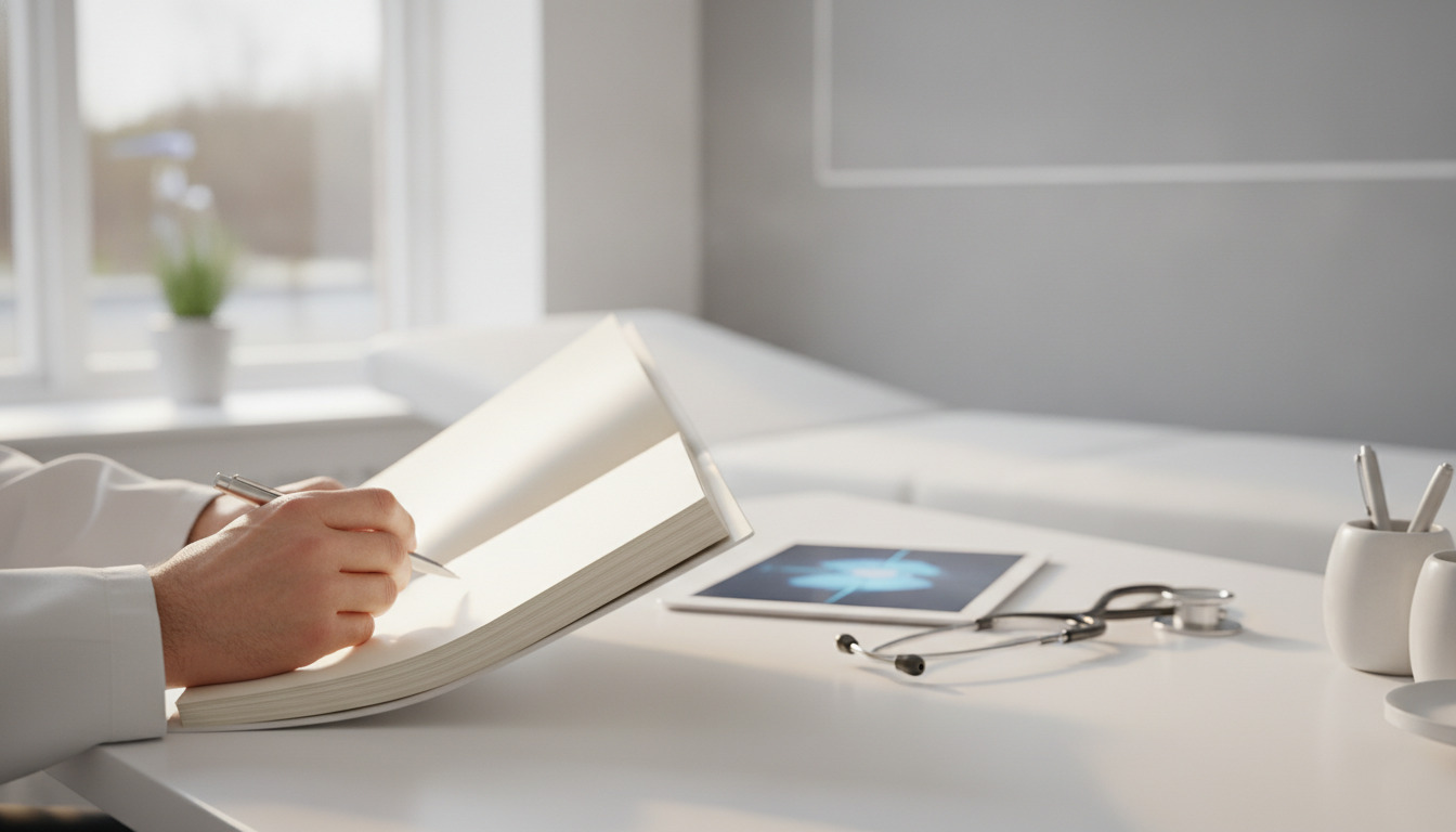 Læges hænder holder en åben notesbog med kuglepen ved et hvidt skrivebord med tablet, stetoskop og plantebelysning fra vindue.