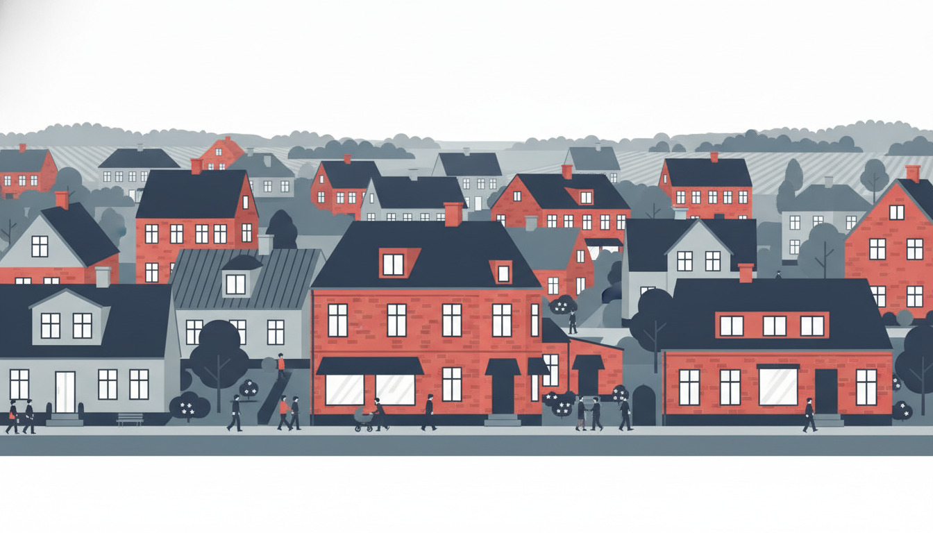 Fladt vektorillustration af en boligvej i Haderslev med blandede røde og grå enfamiliehuse, træer, mennesker og landskab i baggrund.
