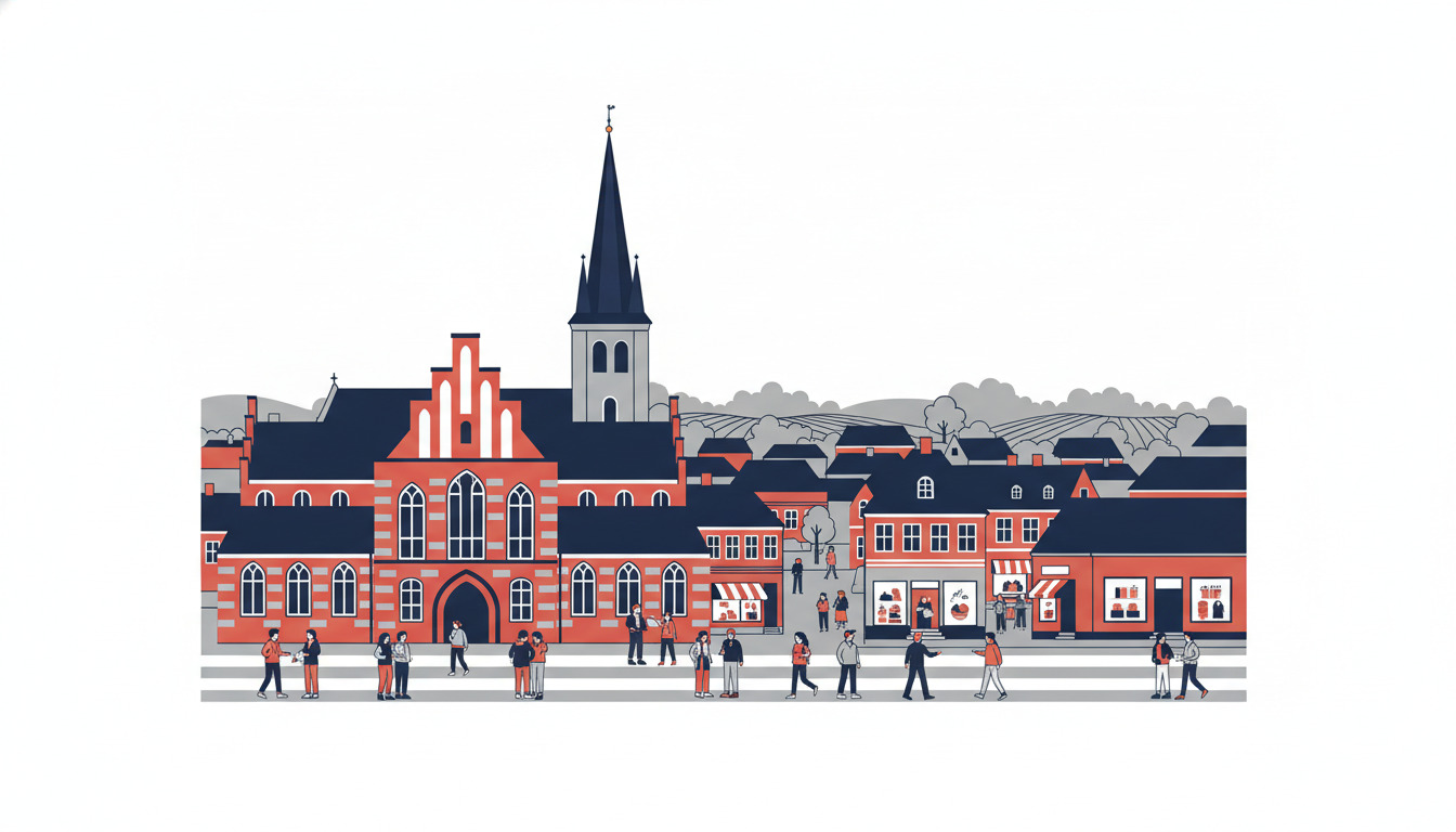 Flad vektorillustration af Viborg Katedralskole: en rød-mursten gotisk bygning med høje bueformede vinduer, takkantede mure og en kirkespir, der rejser sig bag ved. Moderne studerende samles på gårdspladen.