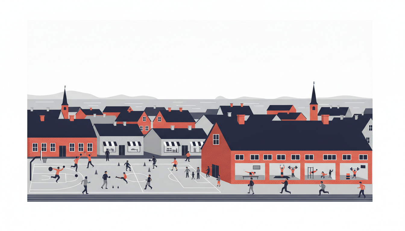 Flad vektorillustration af Svendborg sportscenter med basketballbane, fodboldbane og gymnastikaktiviteter. Rødt murstensidrætshal med store vinduer, kirketårne og historiske tage i baggrunden, mennesker der aktivt spiller og træner.