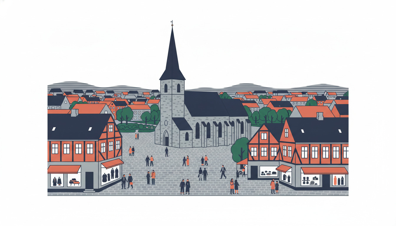 Flad vektorillustration af Ringsteds middelalderlige stenkirke med høj spir, der dominerer et historisk byplads, omgivet af halvtømrede bygninger med orange tage, stenlagt plads med besøgende og grønne områder—der fremkalder århundreders dansk kulturarv.