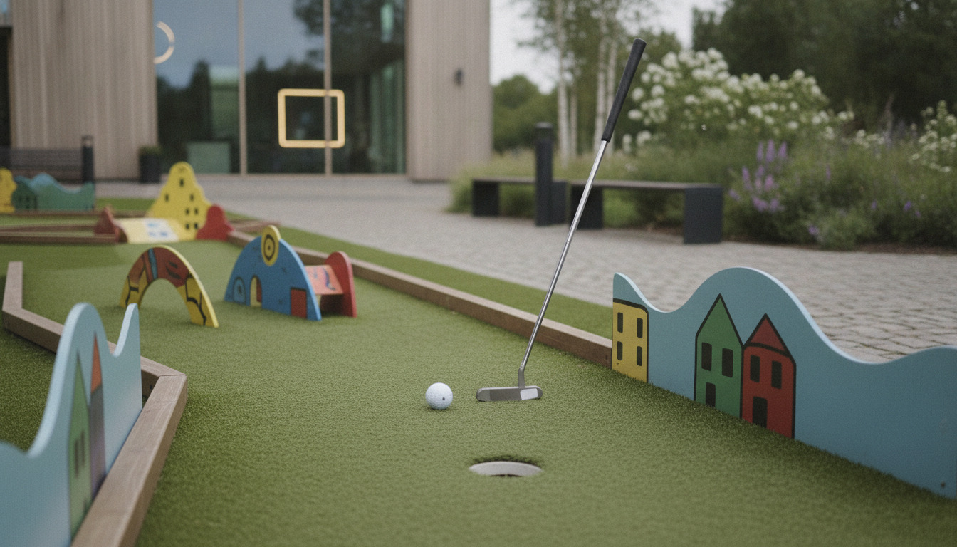 Tæt billede af minigolf med bold, kølle og farvede kunstnerisk designede forhindringer på kunstigt græs.