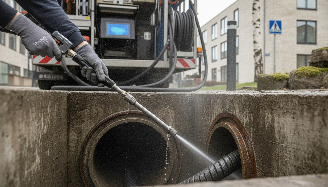 Arbejders handsker holder højtryksrensningsudstyr rettet mod åben kloakledning; professionelt kloak-vedligeholdelsesarbejde.