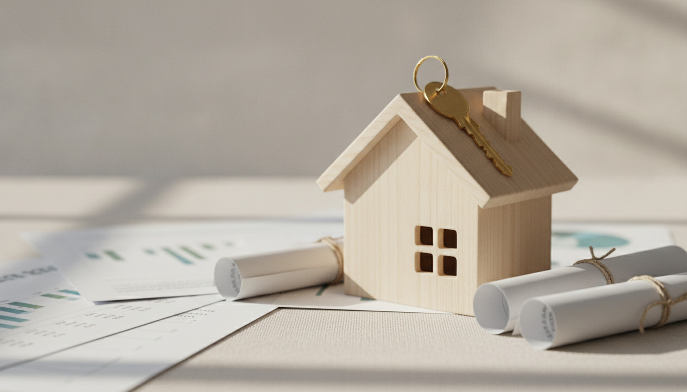 Træmodel af hus med nøgle og blueprint-ruller på ejendomspapirer på lyst bord.