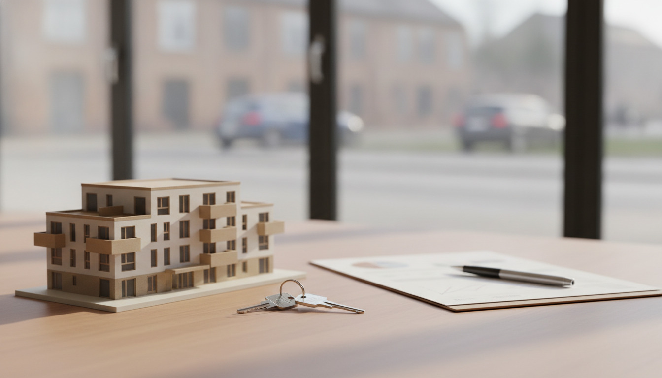 Arkitekturmodel af boligbyggeri med nøgler og dokumenter på træbord, nordisk dagslys.