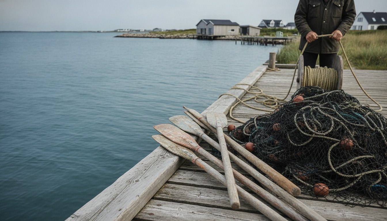 Nærbillede af fiskeredskaber på mole: træårer, fiskenet og reb, med fiskermands hænder i baggrund.