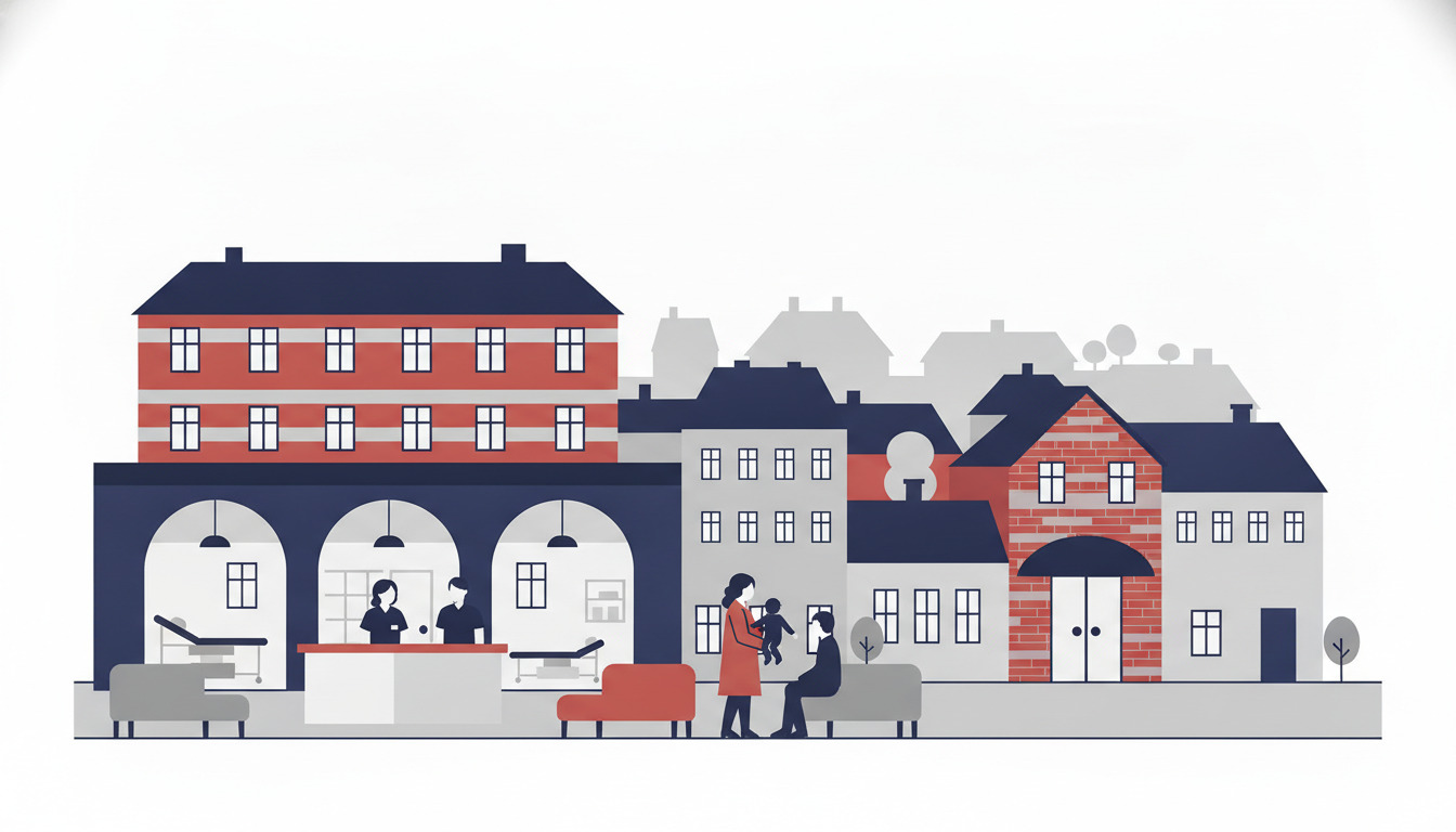 En flad vektortegnestil af et bylandskab viser en gadefront med bolig- og kommercielle bygninger, udendørs siddepladser og mennesker – ikke et medicinklinikkinteriør som tilsigtet.