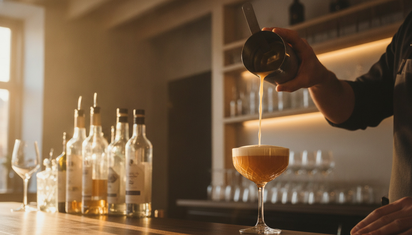 Bartender hælder cocktail fra shaker ned i kristalglas med varmt lys og slørede flasker i baggrund.