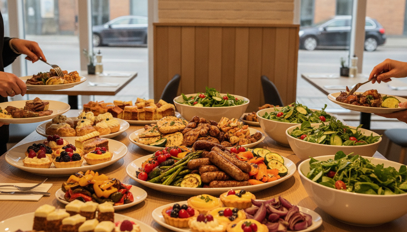 Buffetbord med grilleret kød, salater, grillede grøntsager og desserter på porcelænstallerkener.