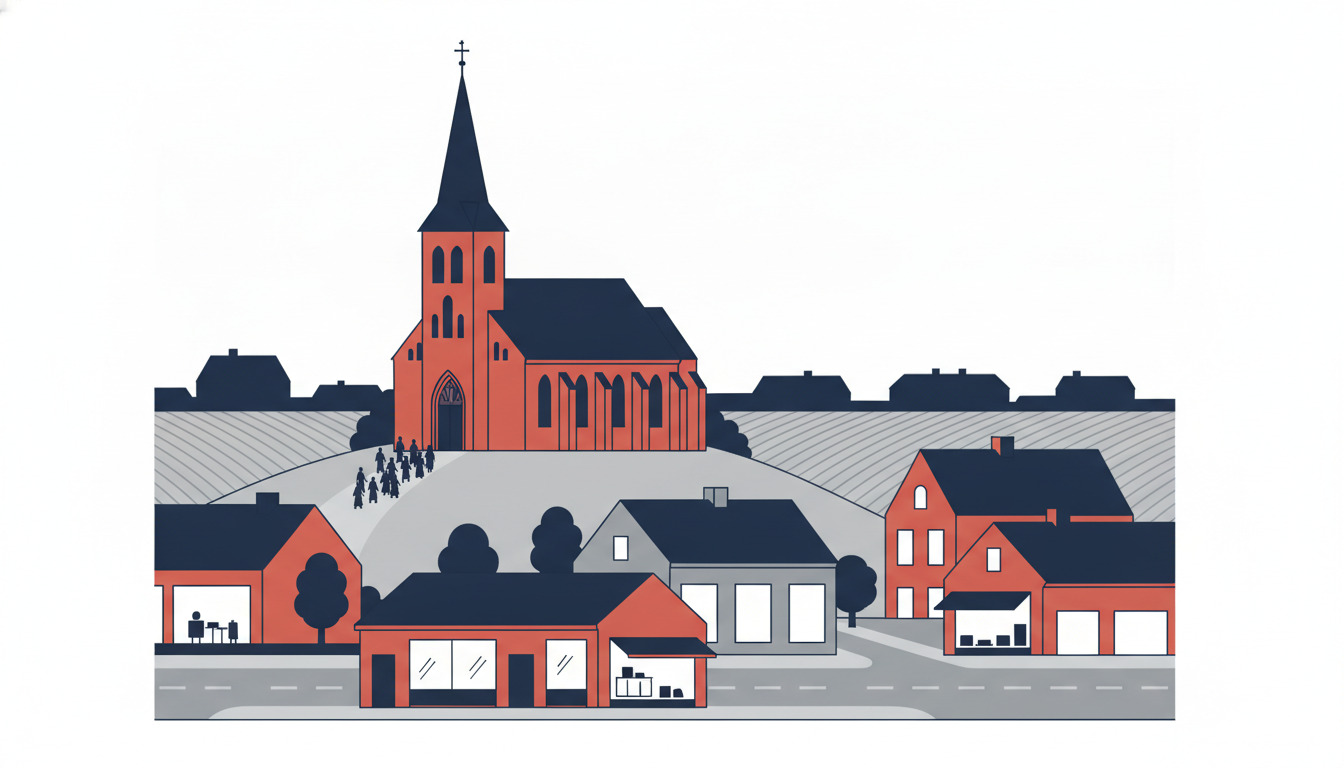 Brædstrup Kirke, en rødbrick-kirke med høj spir og buede vinduer, ligger på en bakketop med udsigt over byen. Sogneboere nærmer sig indgangen, mens tage og kuperet landskab strækker sig bagved.
