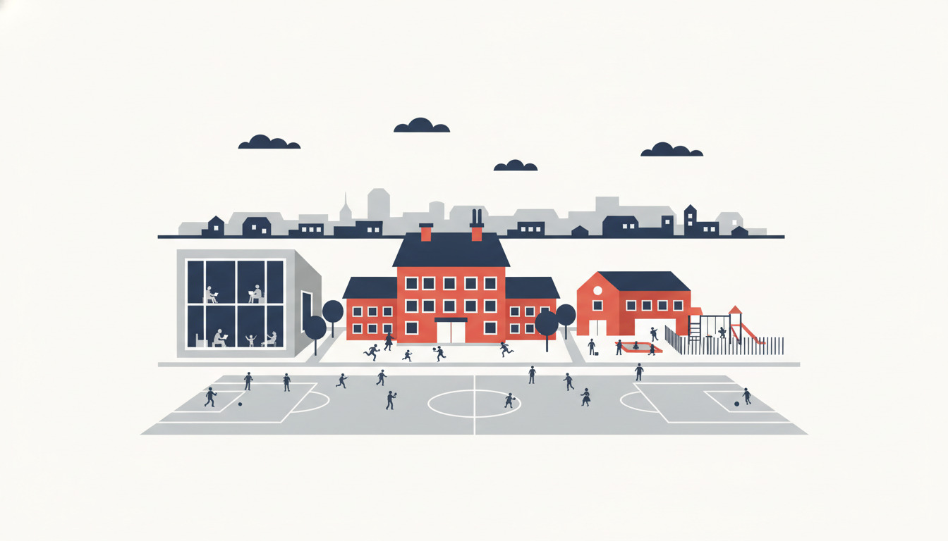 Brædstrup skolecampus med rødt hovedskolebyggeri, biblioteksbygning med store vinduer, børnehave med legeplads, og mennesker i leg og læring omkring pladserne.