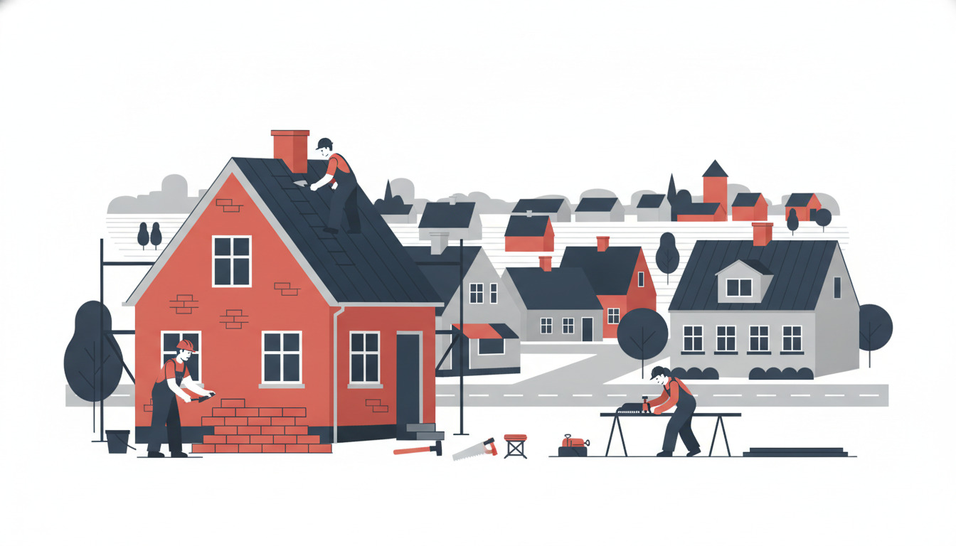 Håndværkere arbejder på dansk byggeprojekt: murer lægger mursten, tømrer arbejder ved arbejdsbænk, tagdækker på tag. Traditionelle danske huse med røde og grå facader i baggrund.