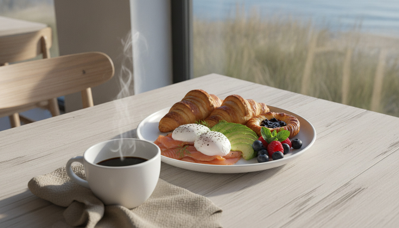 Flot brunchtallerkenen med croissanter, pocheret æg og bær ved siden af en kop kaffe på træbord.