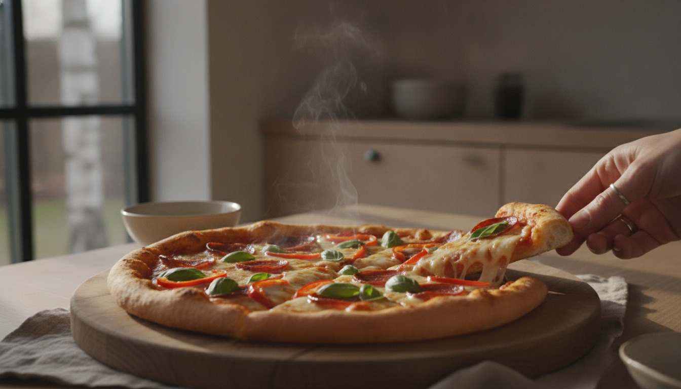 Hånd tager en pizzaskive fra en varm pizza på træbræt med smelte ost og grøntsager, nær vindue med naturligt lys.