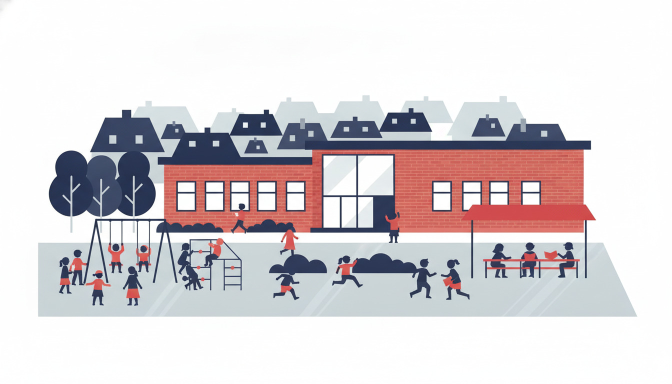 Bogense skole med børn, der leger og lærer på skolegården med moderne rødt mureret byggeri, store vinduer, legepladsudstyret og boligtagene i baggrunden.