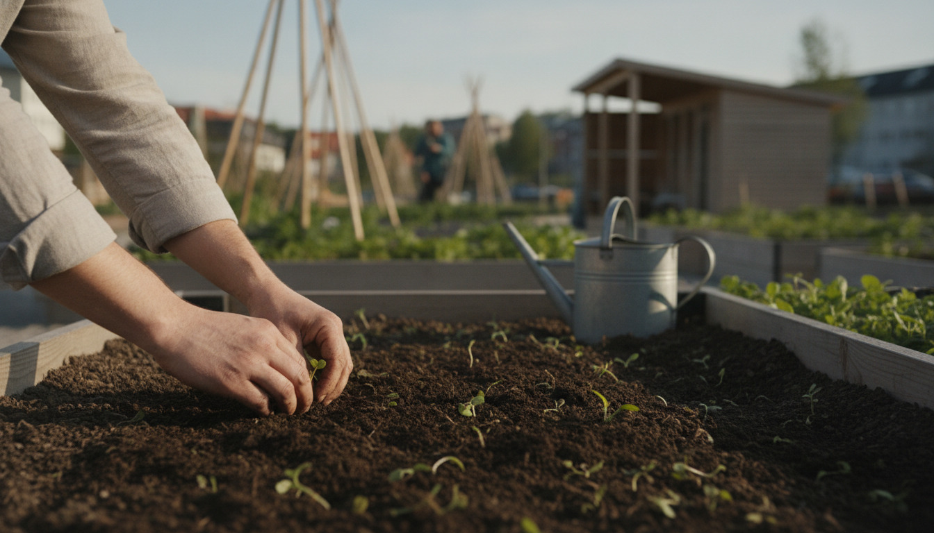 Nærbillede af hænder, der planter spirer i mørk, fugtig jord i en haveseng.