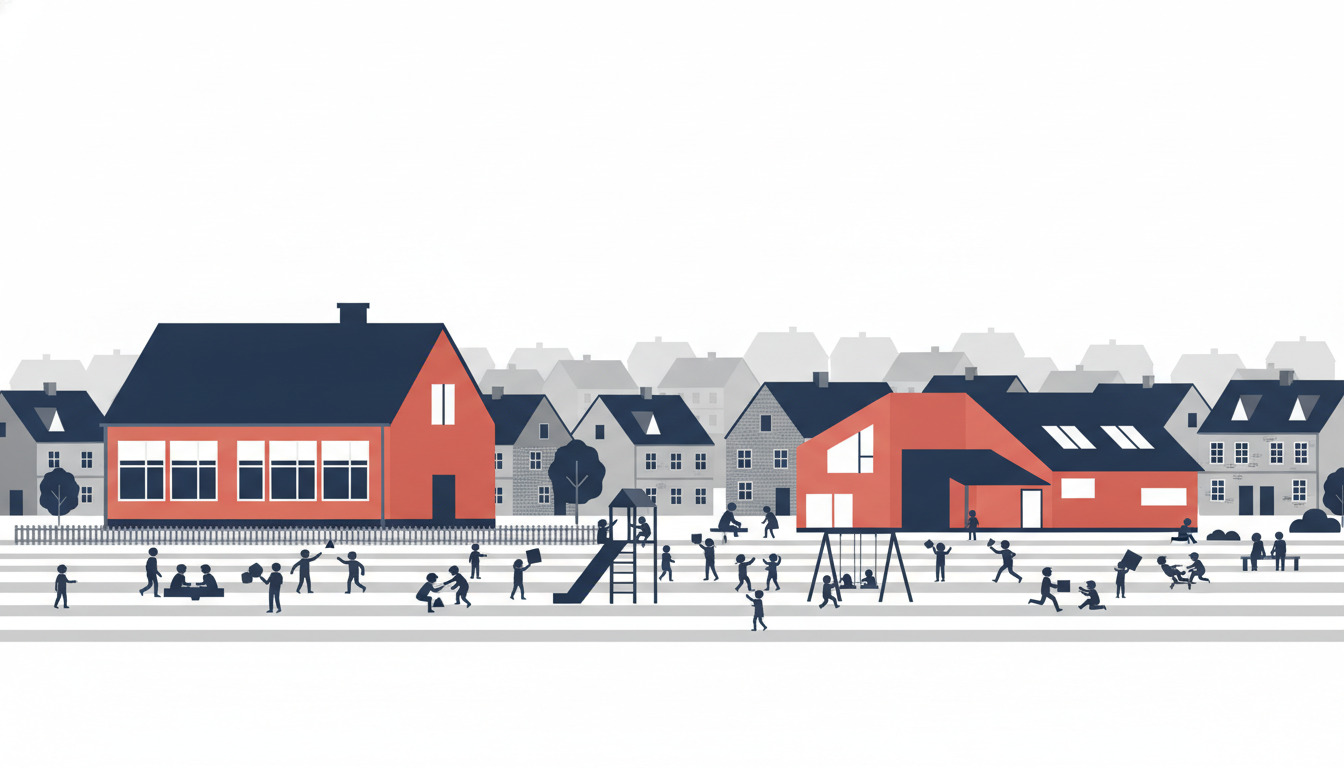 Flad vektorillustration af en skolegård i Bogense med rødt taguet skolebygninger, hvidt stakitgærde, legepladsudstyr og skitseringer af børn, der leger og lærer, beboelsesbygninger i baggrunden.