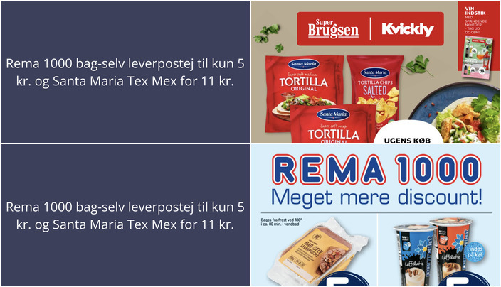 Rema 1000 bag-selv leverpostej til kun 5 kr. og Santa Maria Tex Mex for 11 kr.