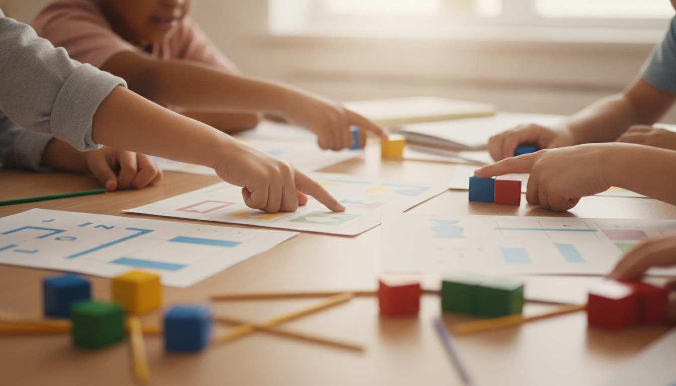 Børnehænder arbejder sammen omkring skolematerialer og farvede byggeklodser på bord i klasseryum.