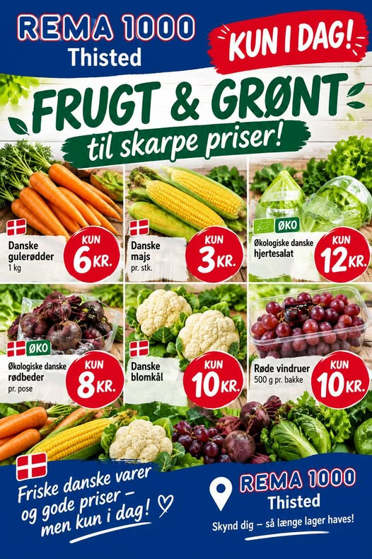Rema 1000 Rosenkrantzgade har frugt og grønt til skarpe priser kun i dag