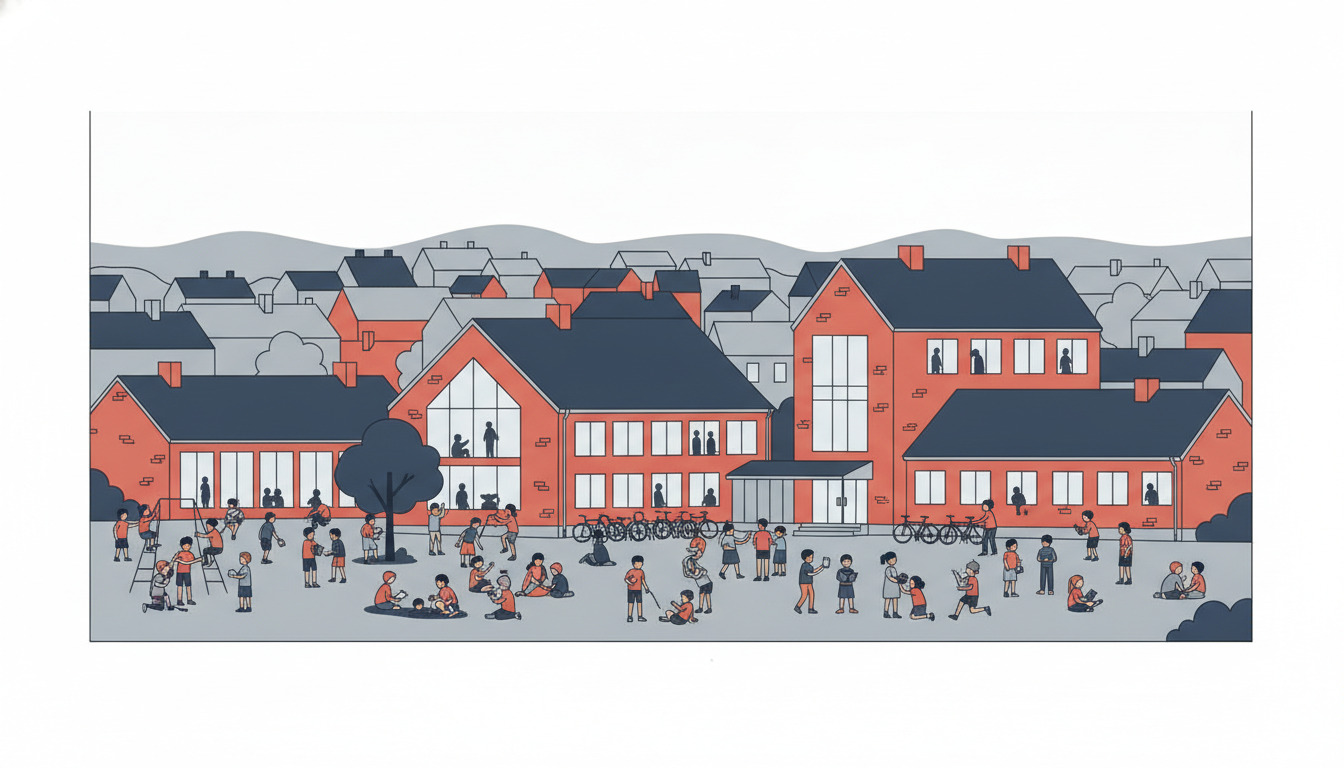 Farverig skole-illustration med skolebygninger i rød og mørk blå, store vinduer, cykelboks, og mangfoldige børn der leger, læser og interagerer på en gård.