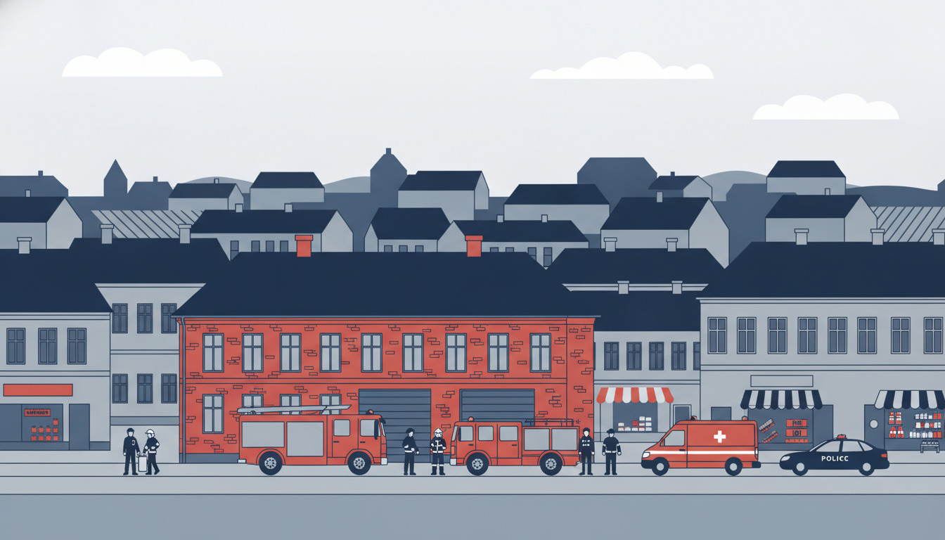 Travl gadesce i Middelfart med rødt brandstation-byggeri, brandmænd, paramedics, nødkøretøjer (brandbil, ambulance) og politibetjente, der koordinerer nødtjenester.