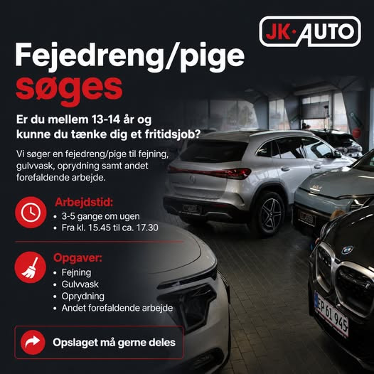 JK Auto ApS søger en fejedreng eller -pige til fritidsjob efter skole