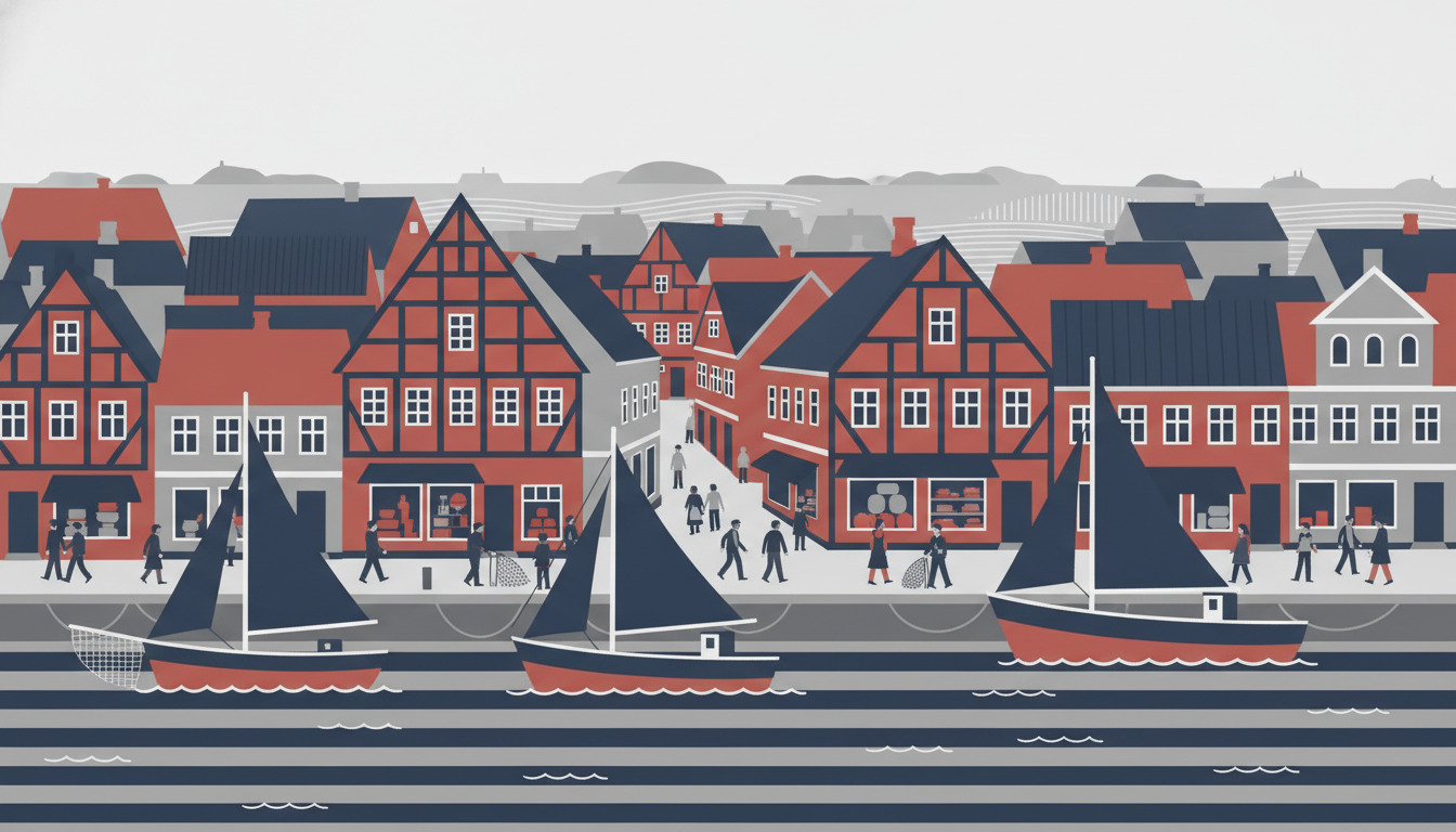 Svendborgs historiske havn med traditionelle bindingsværkshuse, sejlskibe fortøjet ved kajen og personer, der spadserer på havnepromaden.