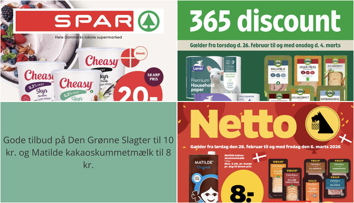 Gode tilbud på Den Grønne Slagter til 10 kr. og Matilde kakaoskummetmælk til 8 kr.
