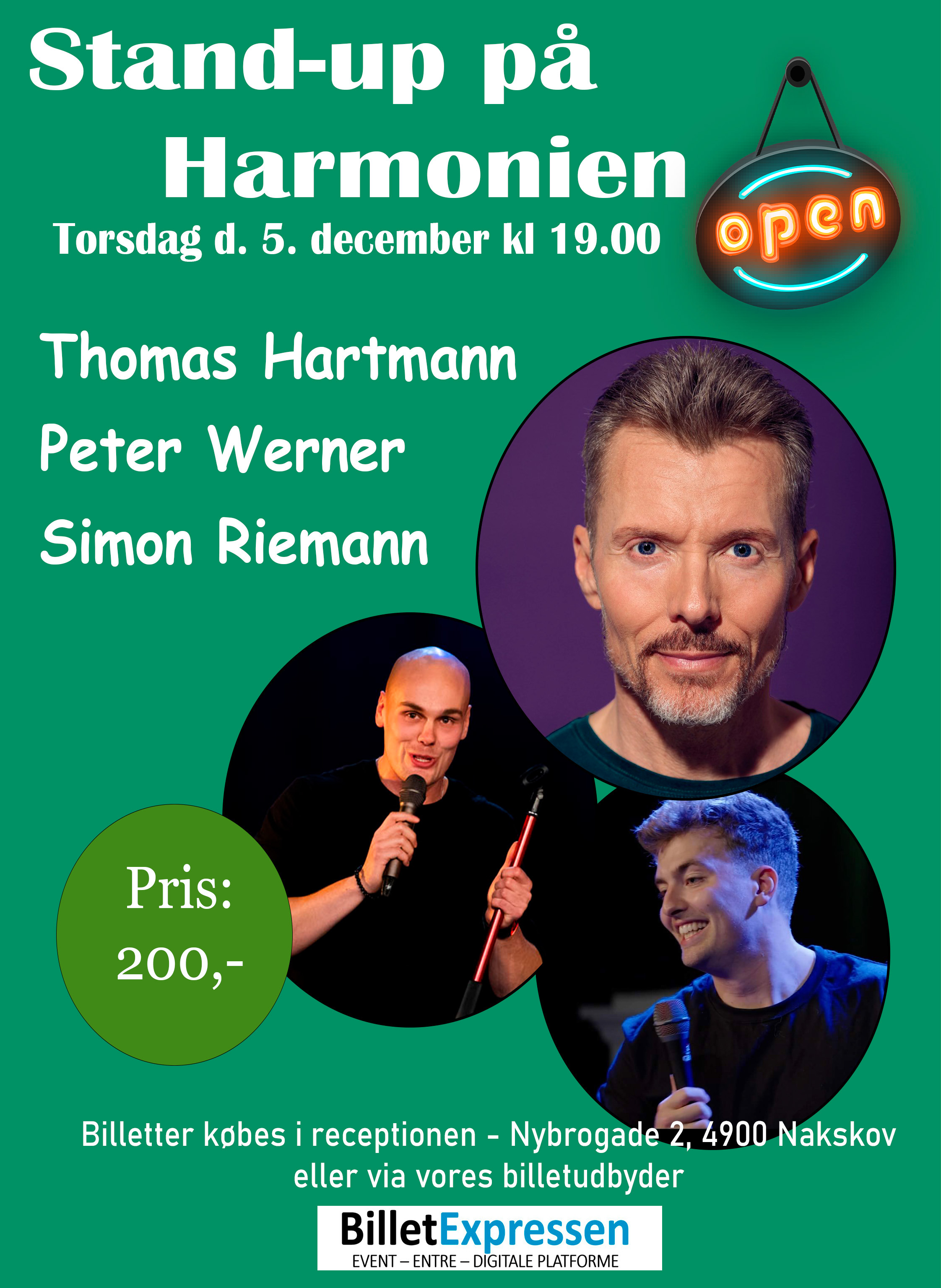 Stand-up aften på Hotel Harmonien med Hartmann, Werner og Riemann