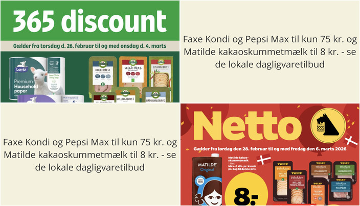 Faxe Kondi og Pepsi Max til kun 75 kr. og Matilde kakaoskummetmælk til 8 kr. - se de lokale dagligvaretilbud