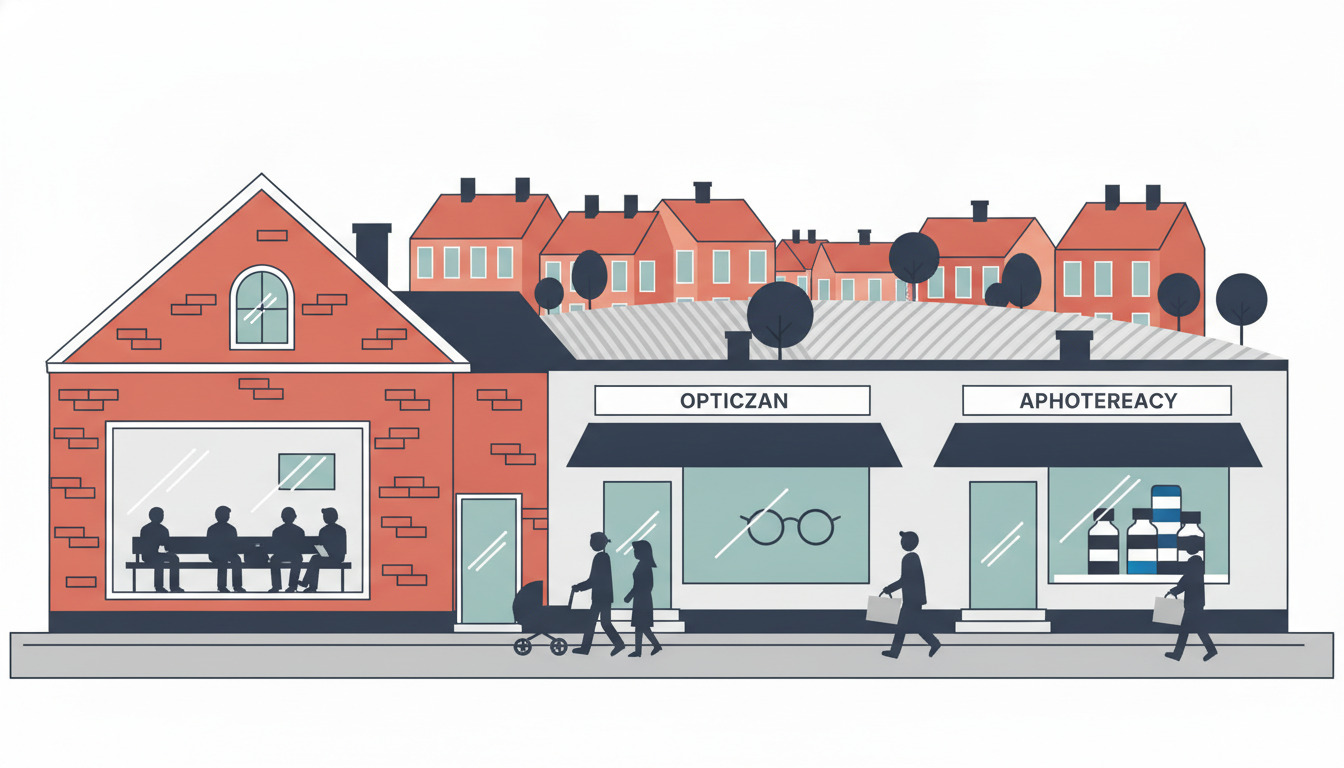 Solgig bygatescene med lægehus med ventekammer, optiker og apotek med medicinflaske-display. Patienter på gaden, røde boligejendomme i baggrund.