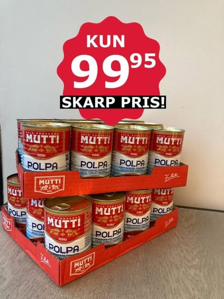 MENY Viborg Marsk Stigs Vej tilbyder ja tak-kasser med 12 dåser Mutti-tomater til 99,95 kroner