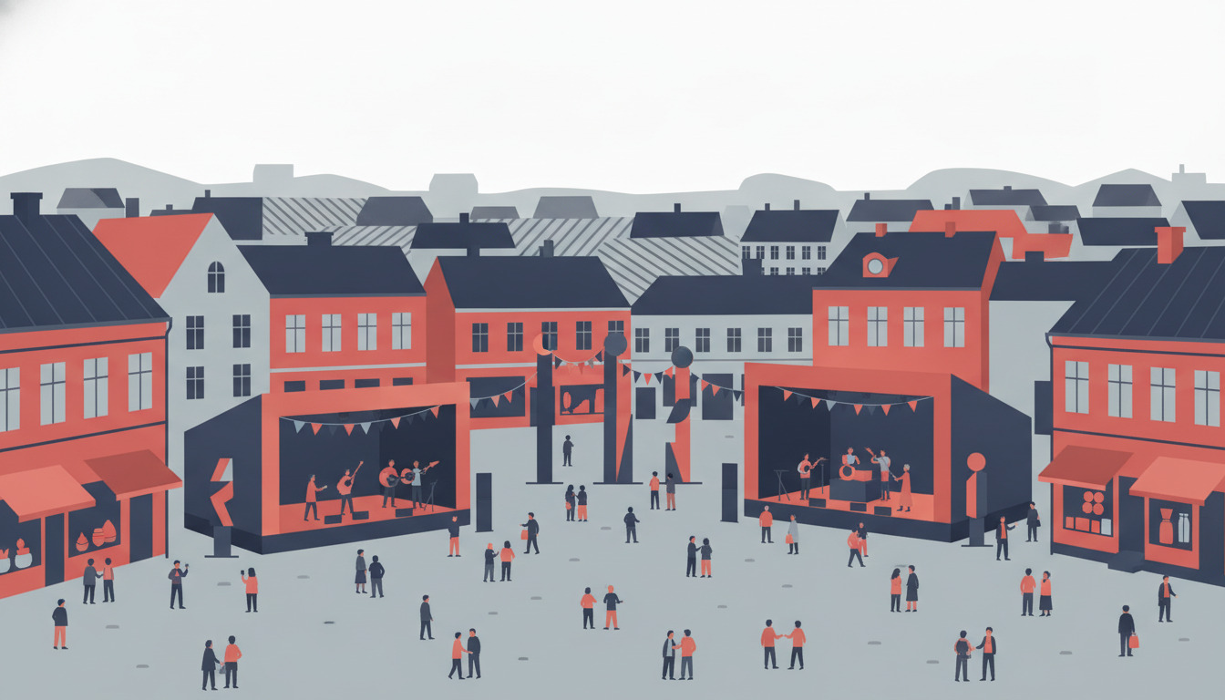 Viborgtorvets byplads myldrer af festivalsaktivitet: farvefulde røde og mørke bygninger indrammer en livlig plads med eventscener, kunstnere, mængder og festlig flagsmykke, der fejrer lokal kultur.