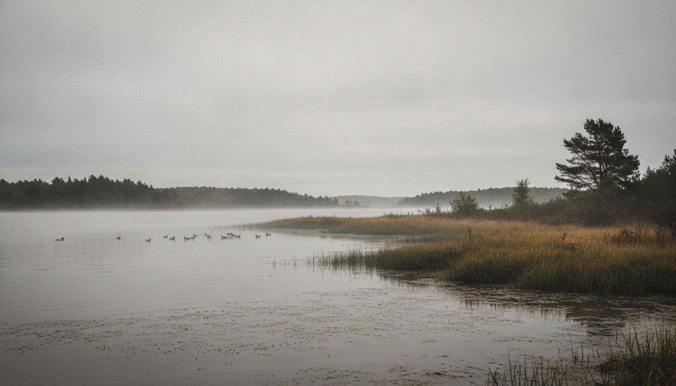 Tåget fjordlandskab med rør, marskvegetation og fugle i stillevand under nordisk gråvejr.