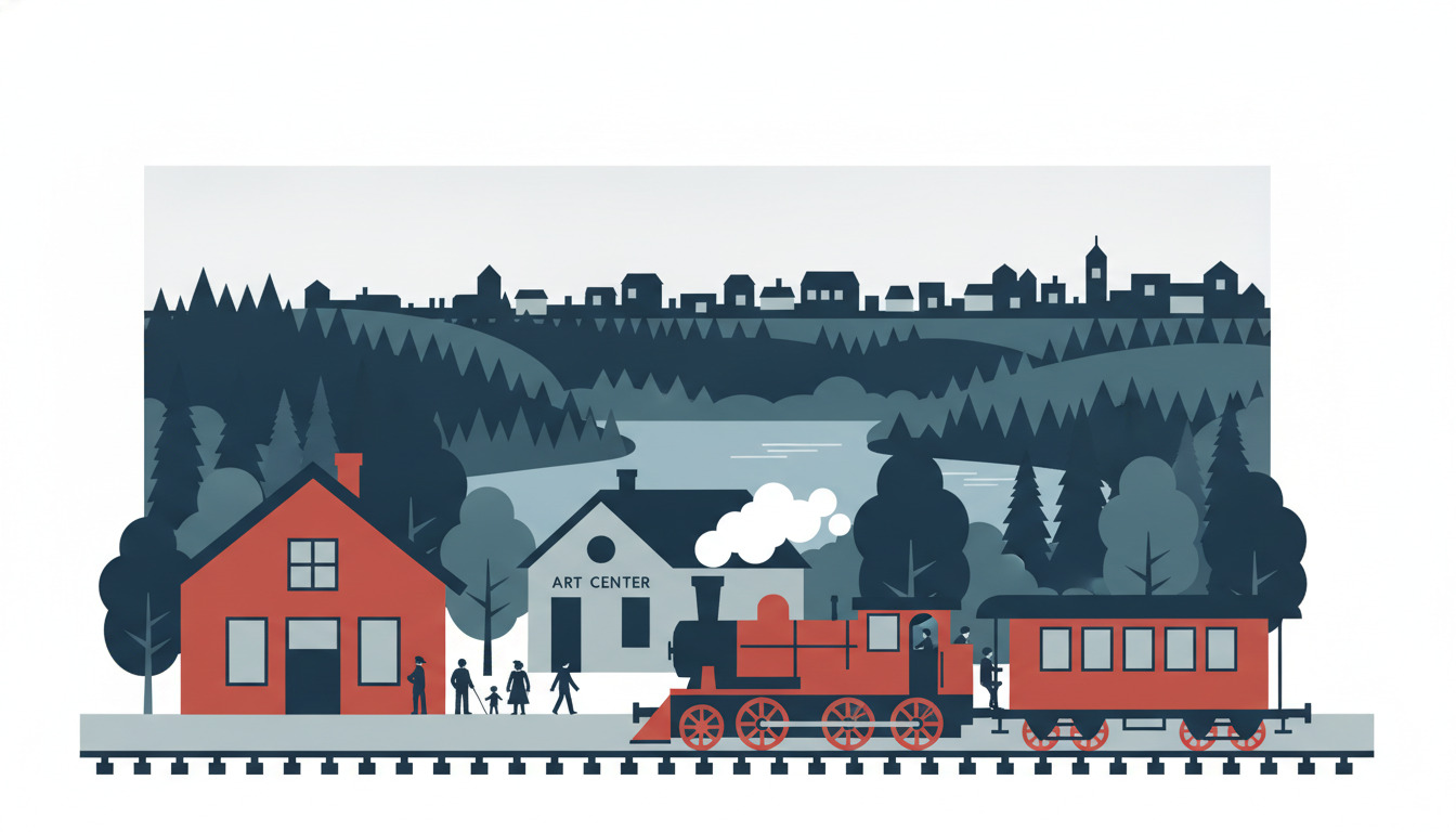 Flad vektorillustrationsscene af Bryrup's jernbanearvv med et vintage damplokomotiv med rødt lokomotiv og passagervogn på sporet, omgivet af et rødt stationshus, hvidt kunstcenter-bygning og skovbevokset bakkelandskab med en sø i baggrunden, der fejrer Bryrup's jernbanearvv.