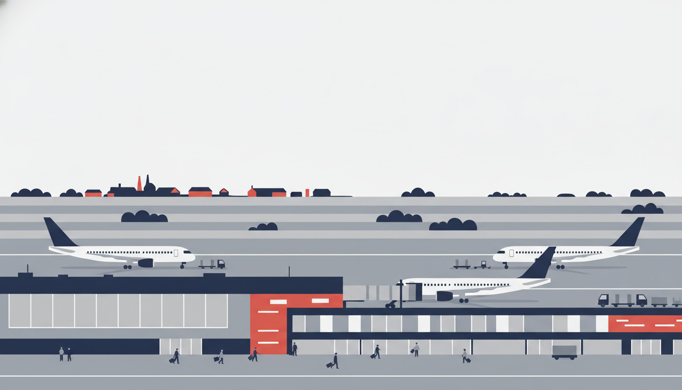 Billund Lufthavns terminal med moderne facade, fly på landingsbanen, boarding bridges, jordkøretøjer og fladt jysk landskab med træer i baggrunden.