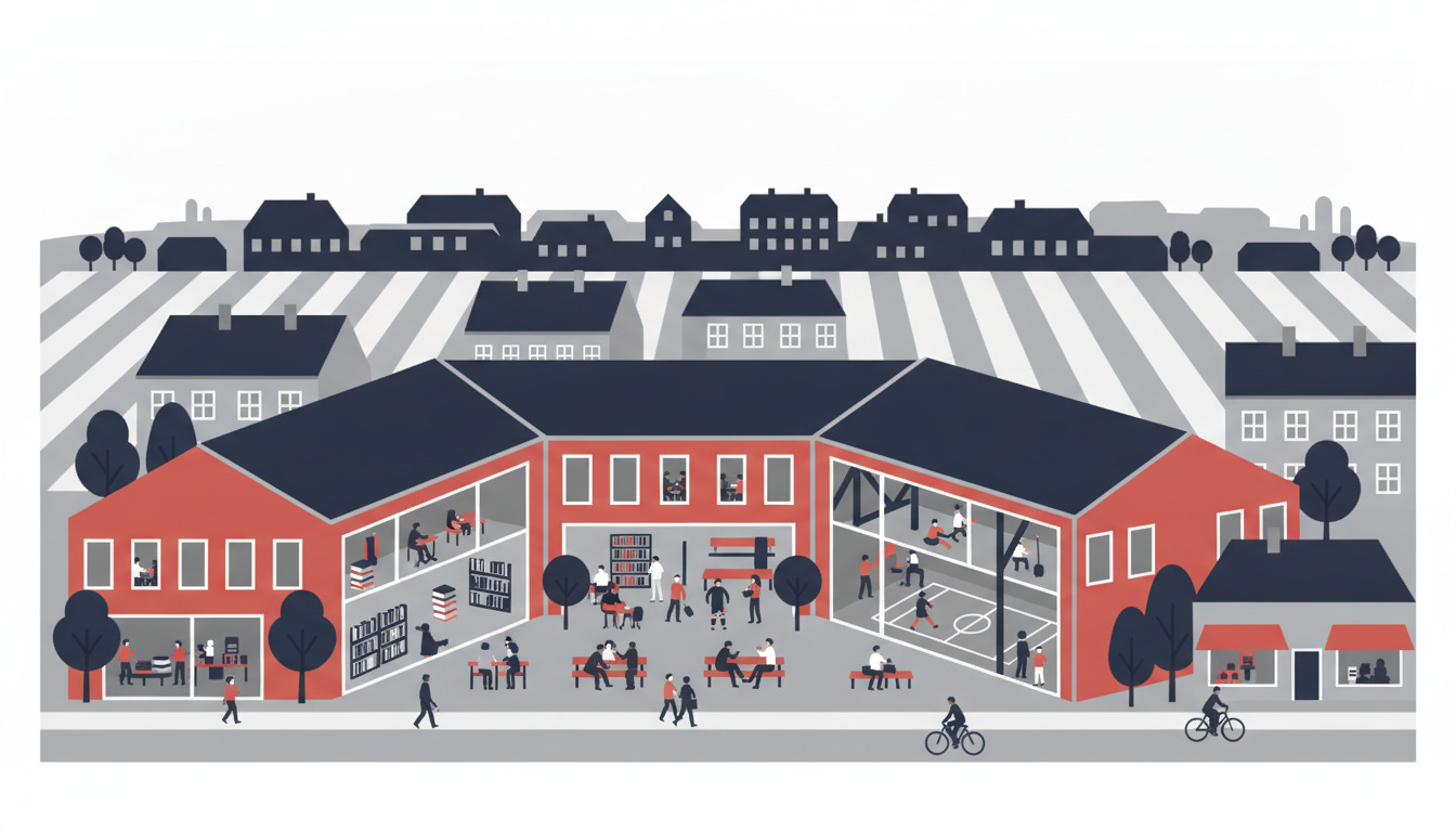 Fladvektorillustration af Hornsylds kulturcenter: et levende rødt mursteenskompleks med bibliotek, idrætshal og fællesskabsmøderum. Lokale borgere i alle aldre gennemser bøger, dyrker sport og socialiserer sig indendørs og udendørs, omgivet af periodetownhouses og marker.