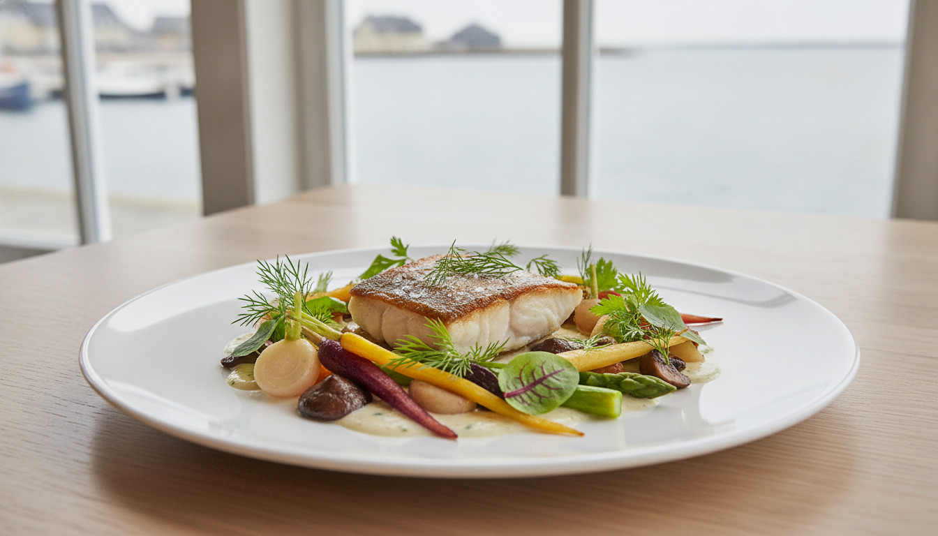 Tæt optagelse af ret med seared fisk, farvede grøntsager og friske urter på hvid keramik plade.