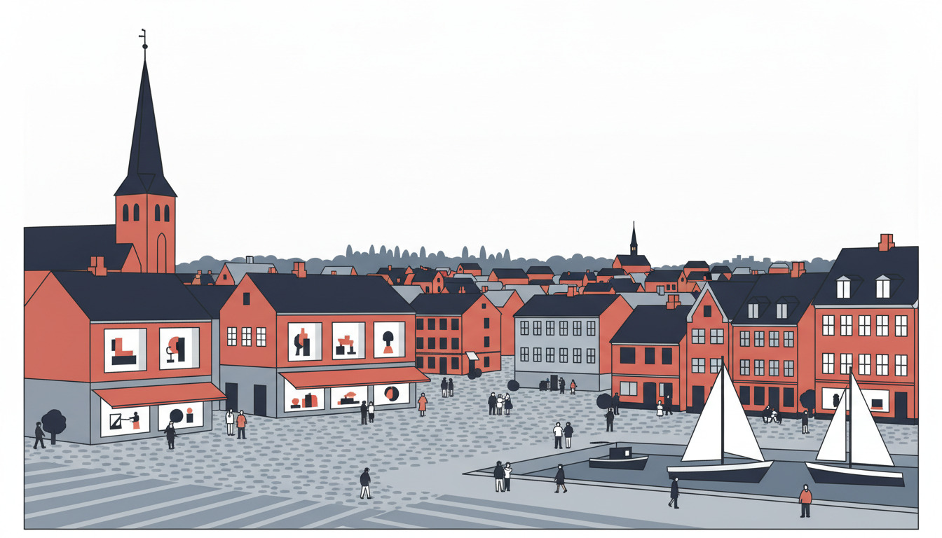 Fåborg havn med ikonisk kirke med spids, røde og grå gamle bygninger, kunstmuseum med store vinduer, sejlbåde, og byplads med mennesker – kulturbyen ved søen.