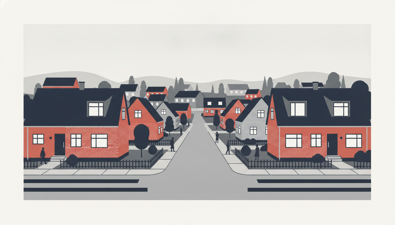 Flad vektor-illustration af en beboelsesgade i en lille dansk by med røde mursten-villaer og rækkehuse med spidse tage, forhaver og hegn, indrammet af bakker og træer.