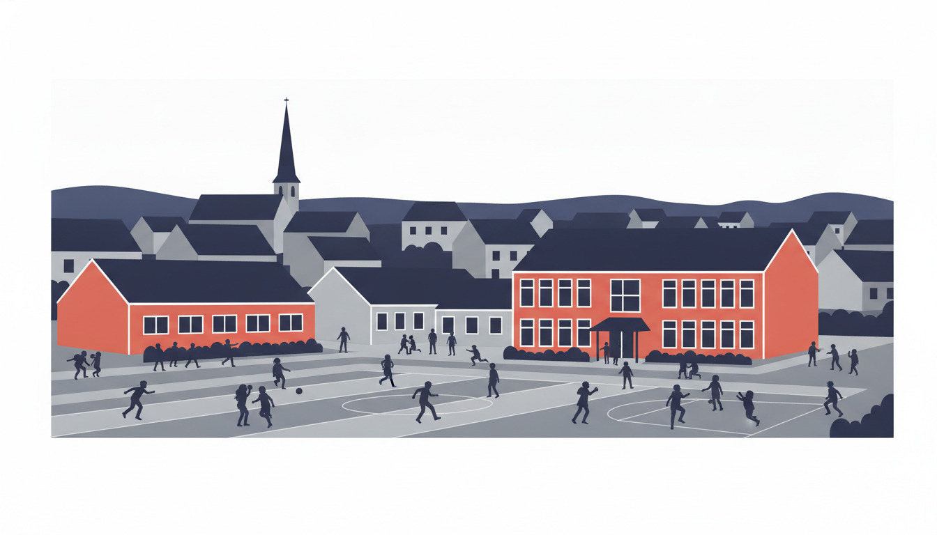 En dansk skolegårdsscene med børn, der leger på en sportsplads foran en fremtræden de rødbygning med store vinduer, flankeret af bolighusmidt og en kirketårn i det myke baggrundslandskab.