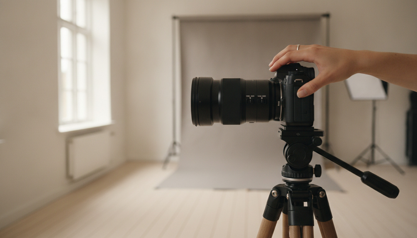 Fotograf justerer linsen på et professionelt kamera på stativ i et lyst, minimalistisk studirum med naturligt lys fra vindue.
