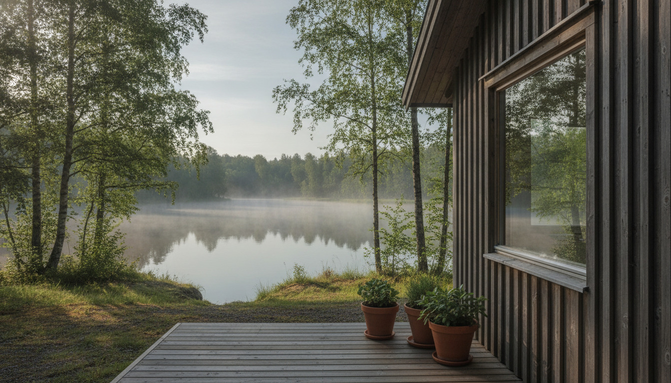Træbræt med krukker på hytte-veranda, søudsigt i sløret baggrund, morgenlyse blandt træer.